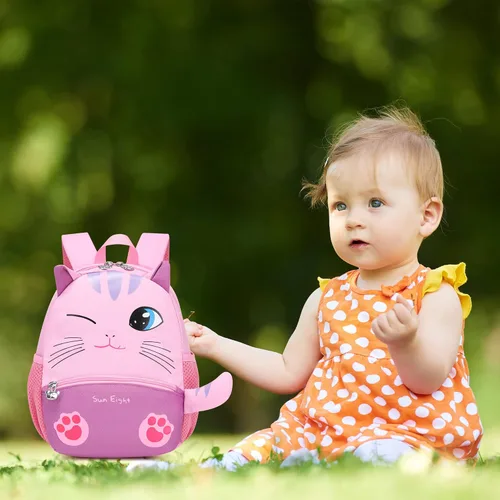 Vista 6 de Reqinqin Lindas mochilas reales para niños pequeños, mini bolsa de viaje de dibujos animados de animales para bebés y niñas de 1 a 5 años, 2 gatos.