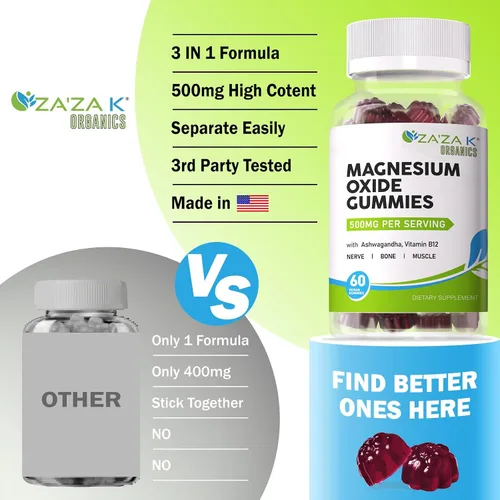 Vista 6 de ZA'ZA K ORGANICS Gomitas de óxido de magnesio, óxido de magnesio de 500 mg con Ashwagandha y vitamina B12 para dormir, nervios, músculos, salud ósea