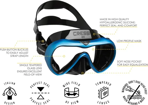 Vista 6 de Cressi Máscara de buceo y apnea antivaho de una sola lente - Falda de silicona para un ajuste flexible - A1: Diseñado en Italia