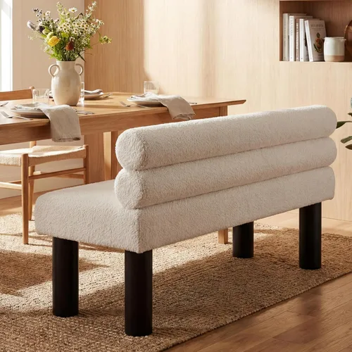 Vista 4 de GDFStudio Banco tapizado de bouclé con respaldo para comedor, banco de entrada estilo granja con patas de madera de goma, banco largo para Beige