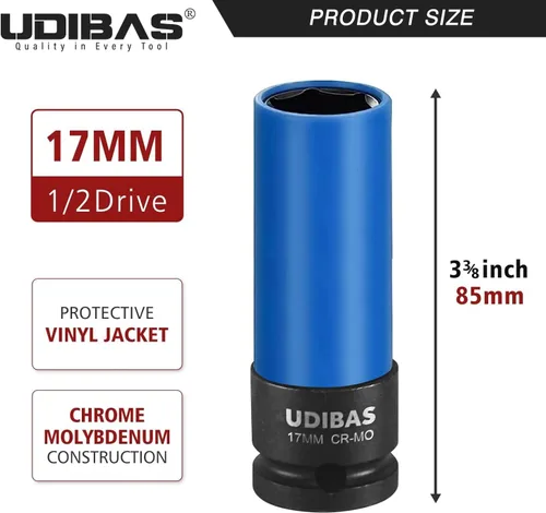 Vista 4 de Llave de tuerca de impacto de 17 mm de 1/2 pulgada, profunda, métrica, con fundas protectoras y material CR-MO de alta resistencia que no deja marcas