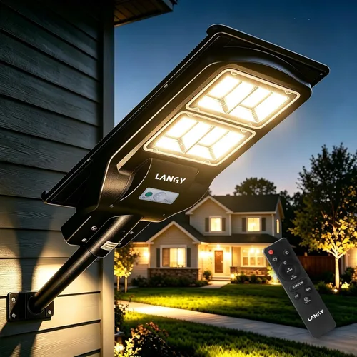 Vista 13 de LANGY 2PACK Luces solares de calle para exteriores 200000 lúmenes con control remoto, sensor de movimiento de atardecer a amanecer, lámpara solar