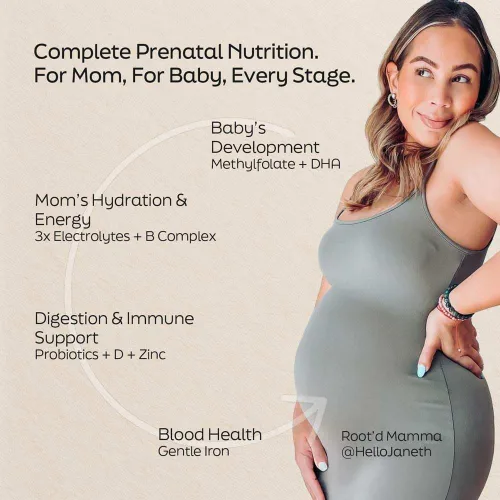 Vista 3 de Root'd DHA prenatal + polvo multivitamínico para apoyo al embarazo, desarrollo fetal, hidratación y refuerzo inmunológico, vegano, sin OMG, sin