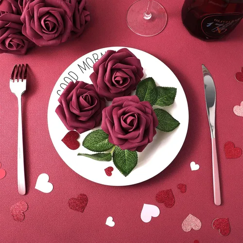 Vista 7 de 150 rosas artificiales a granel, rosas falsas con tallo largo, ramos de flores artificiales para bricolaje, centros de mesa, arreglos de mesa