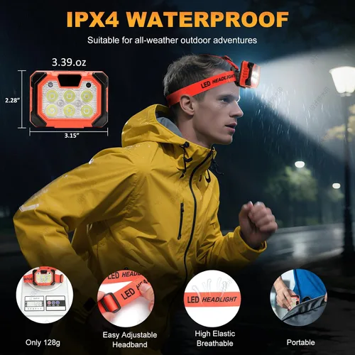 Vista 6 de Linterna frontal LED recargable con batería, 5 modos de luz, 1000 lúmenes, USB-C, impermeable, ultraligera, lámpara de cabeza, faros, herramientas