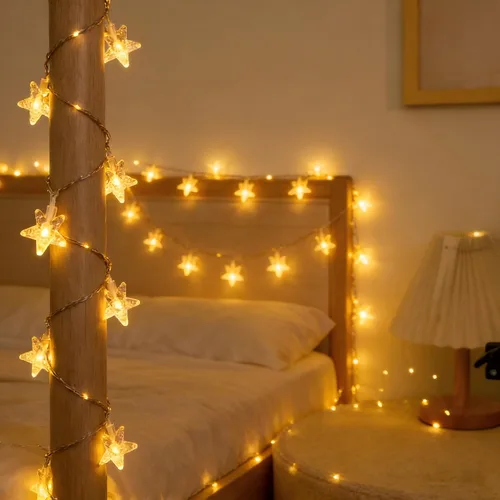 Vista 3 de Cadena de luces con estrellas, 30 LED de cristal, funciona con pilas, 10 pies, decoración para dormitorio