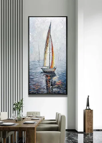 Vista 4 de V-inspire Arte, 24 x 48 pulgadas, moderno marco abstracto pintado a mano, pinturas al óleo, barco de vela en el mar, lienzo acrílico, pintura