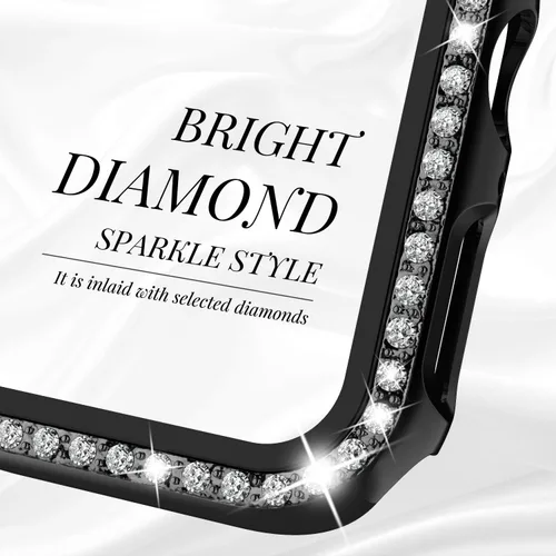 Vista 4 de Recoppa funda para Apple Watch con protector de pantalla con cristales brillantes y diamantes de imitación, ultrafina, funda con protección Negro