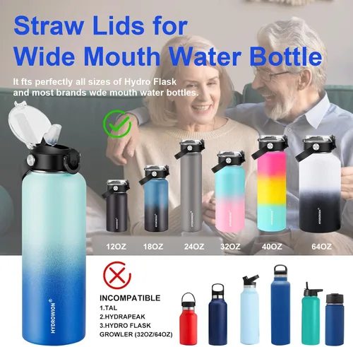 Vista 2 de HYDROWION Tapa con pajilla abatible automática con cierre de botón para botella de agua de boca ancha de 12, 18, 24, 32, 40, 64 onzas, gran tapa