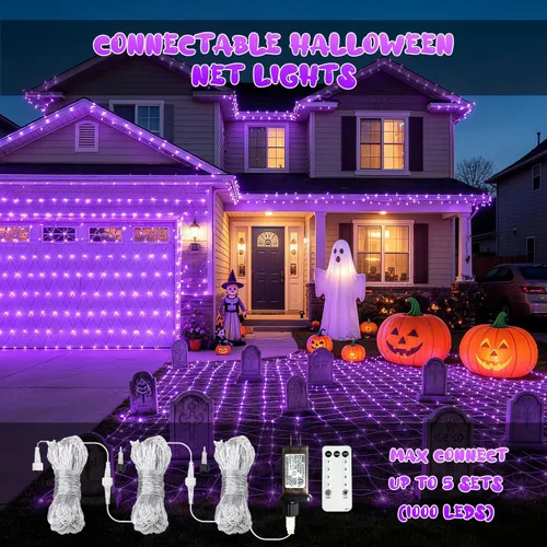 Vista 3 de JMEXSUSS 200 luces LED de red moradas para Halloween, 9.8 pies x 6.6 pies Púrpura