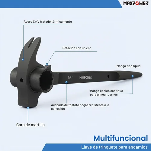 Vista 3 de MAXPOWER - Llave de andamio Spud de 3/4" x 7/8" Llave Podger de doble enchufe, funciones multifuncionales con barra de palanca de garra y cara