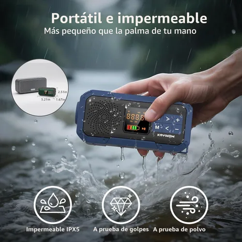 Vista 4 de Radio de emergencia portátil con AM FM NOAA, altavoz Bluetooth, batería recargable de 2000 mAh, carga solar de manivela USB-C, calidad de sonido