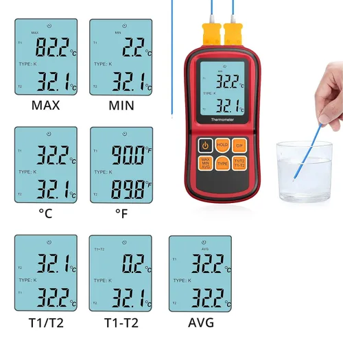 Vista 3 de Kamtop Termómetro de termopar digital de doble canal, medidor de temperatura tipo K con 2 sondas de termopar, medición T1/T2 y T1-T2, LCD