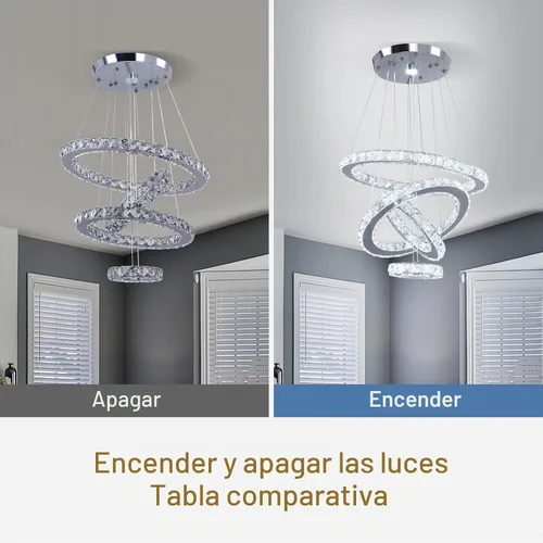 Vista 6 de Candelabros de cristal modernos con anillos LED, luz colgante ajustable, lámpara de techo de acero inoxidable para sala de estar, comedor y Blanco