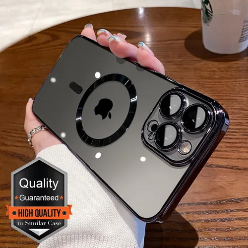 Vista 2 de Magsafe - Funda magnética transparente para iPhone 14 Pro con protector de pantalla y funda para cámara, galvanizada transparente para Negro