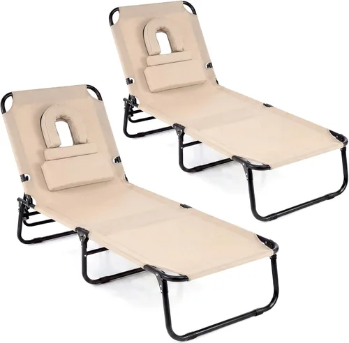 Vista 12 de Giantex Silla bronceadora, silla de patio ajustable con orificio para la cara, almohadas extraíbles, correa de transporte, silla de diseño, silla