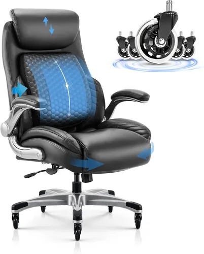 Vista 9 de COLAMY Silla de escritorio de oficina, silla ergonómica para computadora con brazos abatibles acolchados y cojín grueso, silla de oficina de cuero