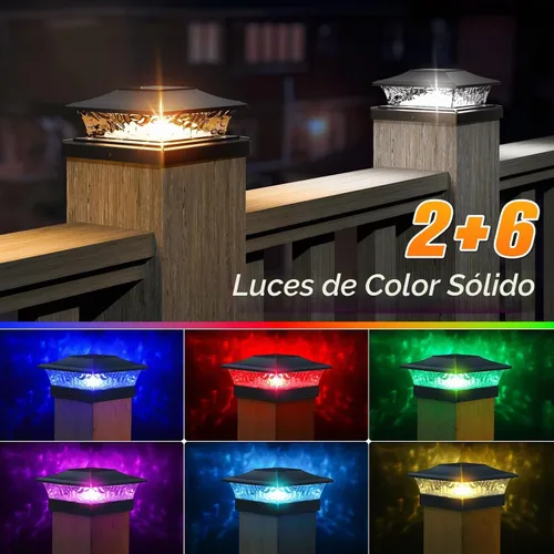 Vista 2 de APONUO - Luces solares para punta de poste con 8 colores RGB sólidos y flujo multicolor - Paquete de 4 luces solares para postes de 6x6, IP65 Cambio