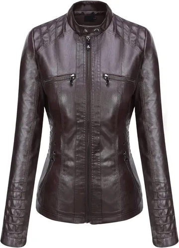 Vista 4 de Springrain Chaqueta de piel sintética para mujer, con capucha desmontable