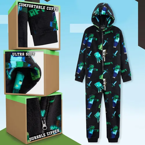 Vista 5 de Minecraft Pyjama For Boys, Kids Pyjamas All in One, Super Soft Hooded Pyjamas, Gifts For Gamers Boys Girls
