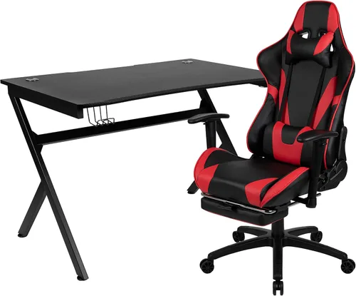 Vista 53 de Flash Furniture Juego de escritorio para juegos negro y silla de carreras blanco/negro con soporte para tazas, gancho para auriculares y soporte