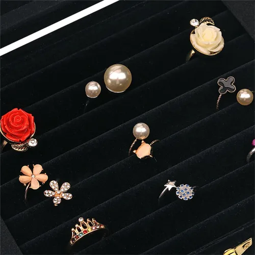 Vista 3 de Organizador de 50 anillos de vidrio de terciopelo para joyería, soporte de exhibición de anillos, caja de almacenamiento, aretes, joyero, caja