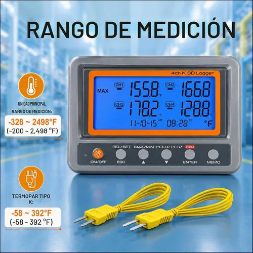 Vista 5 de Registrador de datos de termopar de 4 canales -328 ~ 2498 ° F, registrador de datos de temperatura con tarjeta SD de 8 GB, registro automático