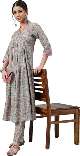 Vista 3 de Janasya Kurta con estampado floral de algodón verde mar para mujer india con pantalón