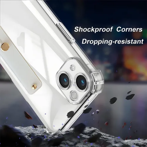 Vista 6 de Funda con correa para iPhone 15 de 6.1 pulgadas con soporte de pulsera, TPU suave y transparente protector a prueba de golpes, resistente, lazo