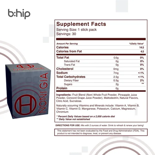 Vista 2 de bhip Noni Gia - Apoya el sistema inmunológico, salud cardiovascular saludable, vitaminas y minerales, cafeína, sin gluten y lactosa, 30 porciones