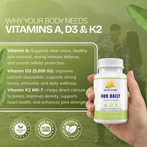Vista 4 de Daily Vites, Suplemento vitamínico ADK de 5000 UI – 180 cápsulas – Vitamina A, D3 y K2-MK7 de alta potencia – Formulado por médicos para apoyo óseo