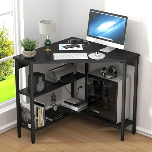 Vista 2 de Escritorio esquinero triangular con tomas de corriente, estantes de almacenamiento para espacio pequeño 90 Degree Corner Table with CPU Stand
