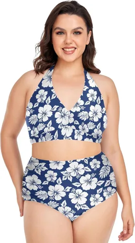 Vista 18 de Bikini de 2 piezas para mujer, talla grande, cintura alta, cuello halter, fruncido, control de abdomen Murciélagos Cruces Estrellas