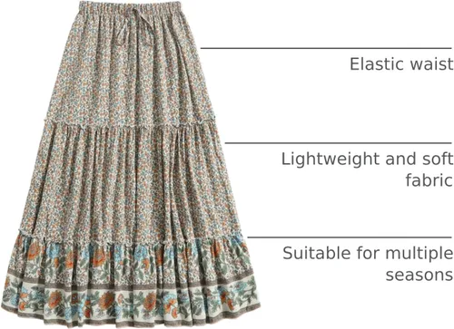 Vista 34 de Milumia Women Boho Vintage Floral Print Long Skirt Summer Tiered Maxi Skirt
