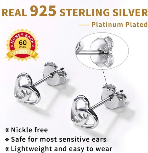 Vista 5 de ChicSilver Aretes de nudo celta hipoalergénicos de plata de ley 925 con forma de corazónnudo triangular, joyería celta para mujer, plataorooro rosa