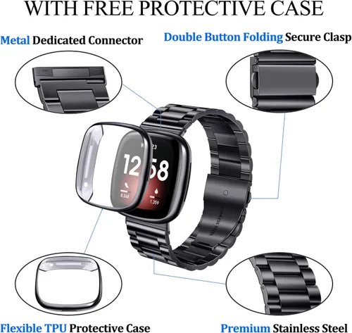 Vista 4 de ZPJPPLX para Fitbit Versa 4/Sense 2, Correa de Muñeca de Acero Inoxidable Sólido con Funda de Reloj, para Versa 3/Sense Correas de Repuesto de Metal