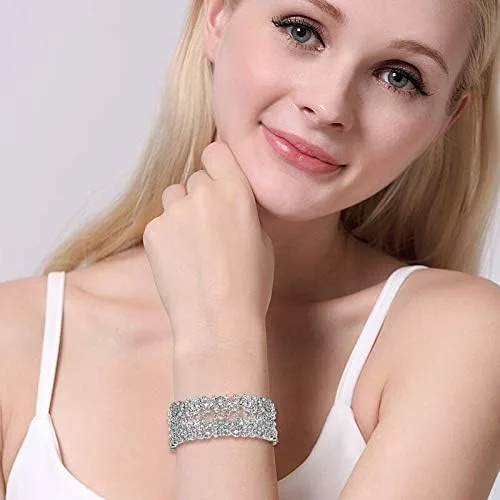 Vista 3 de EVER FAITH Pulsera elástica de cristal austríaco con corazón Art Deco para mujer, transparente