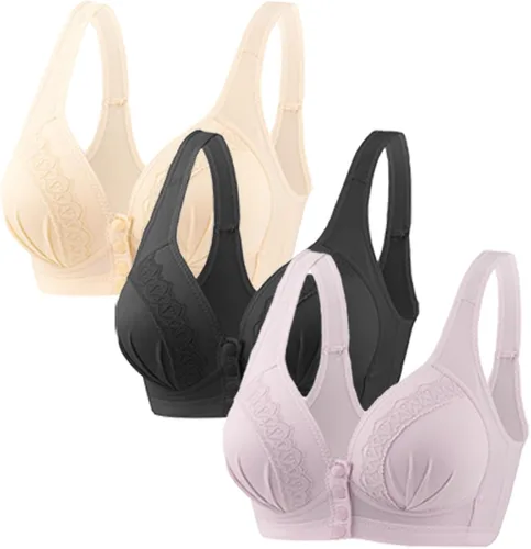 Vista 20 de Glamorette Snap Front Bra Older Women,Snap Front Bra, Sexy Lace Embroidered Bras,Pull-On Front Closure Button Bras 3 unidades de color negro.