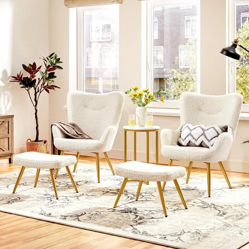 Vista 2 de Yaheetech Juego de silla decorativa y otomana, sillón Sherpa con patas de metal dorado y respaldo alto, reposapiés para sala de estar, salón, Marfil