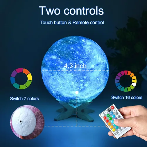 Vista 4 de Lámpara de luna de 4.3'' para niños, luz nocturna, lámpara de galaxia, 16 colores, luz LED con control táctil y remoto, lámpara de mesita de noche