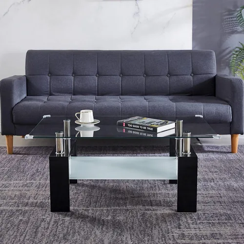 Vista 4 de Mesa auxiliar rectangular de vidrio, moderna mesa de centro transparente con estante inferior, patas de madera, mesa auxiliar auxiliar para sala