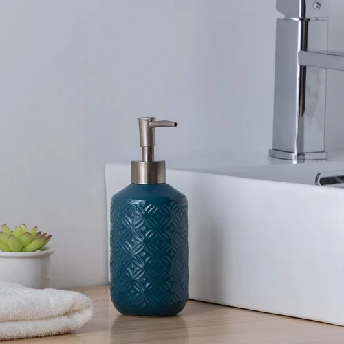 Vista 5 de FE Dispensador de jabón, dispensador de jabón de cerámica de 13.5 onzas con diseño vintage en relieve, recargable para cocina y baño (azul)