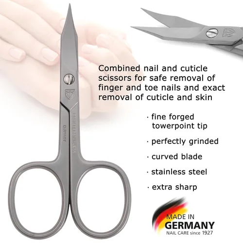 Vista 2 de 3 Swords Germany - Tijeras de acero inoxidable curvas combinadas para cutículas y uñas de calidad de marca (1 pieza) con estuche para manicura