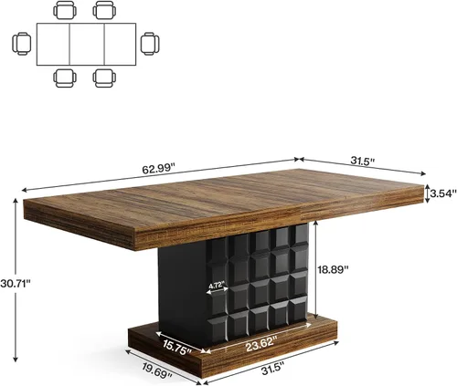 Vista 2 de Tribesigns Mesa de comedor de 63 pulgadas para 4-6, mesa rectangular de madera de granja con relieve geométrico, base de pedestal (café y negro)