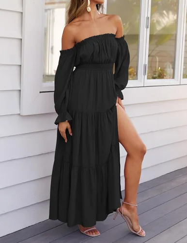 Vista 102 de ZESICA - Vestido largo, bohemio y sexy, con hombros descubiertos y manga larga fruncida, con elástico fruncido, cintura alta y abertura lateral
