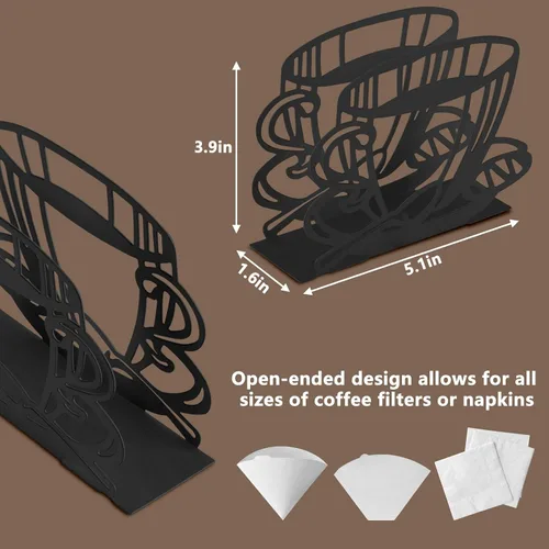 Vista 2 de Soporte de metal para filtro de café, soporte y estante para filtros de café, toallas de papel y servilletas, vertical, cono y cuadrado (negro)
