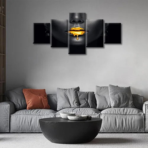 Vista 4 de Póster abstracto de labios de niña, cuadros dorados sobre lienzo, arte de pared, hermosos pósteres e impresiones en lienzo de 5 piezas, arte