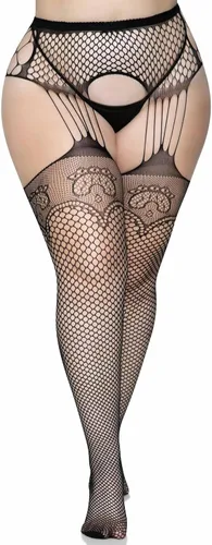 Vista 2 de Leg Avenue Women's Deco Fishnet Stockings with Attached Garter Belt