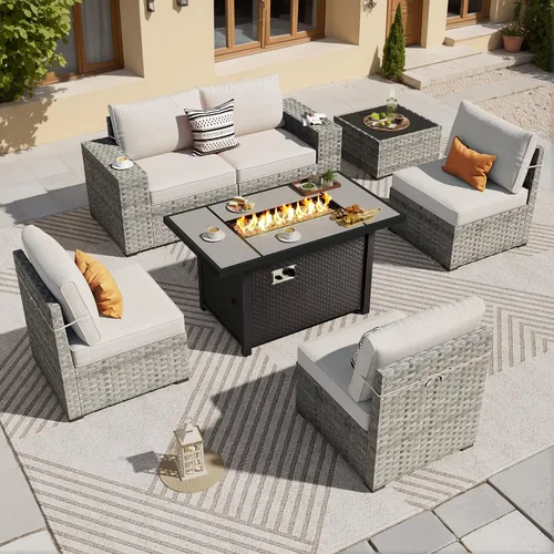 Vista 15 de ovios Juego de muebles de patio de 6 piezas, sofá seccional de mimbre para exteriores con mesa auxiliar, cómodos cojines, moderno sofá modular Beige