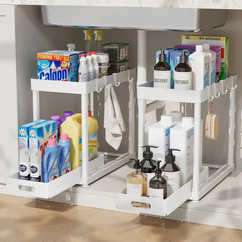 Vista 9 de Paquete de 2 organizadores de almacenamiento extraíbles, organizador para debajo del fregadero y almacenamiento para baño y cocina, organizadores